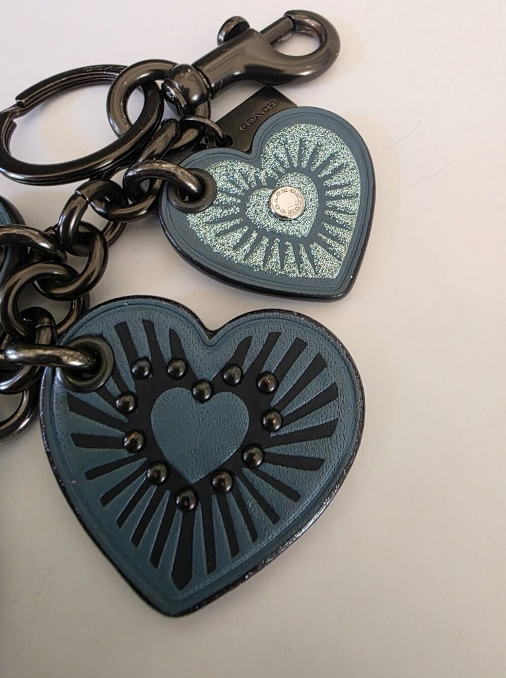 Coach Heart Motif Leather Bag Charm Key Fob Blue Studded Glitter Hard To Find - Picture 13 of 14